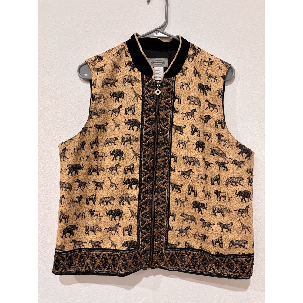 Stonebridge Women's Vest L Safari Animal Print Beaded Trim Full Zip Linen Blend - Picture 3 of 12